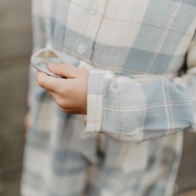 Flannel blouse dress with belt - beige & blue