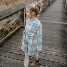 Flannel blouse dress with belt - beige & blue